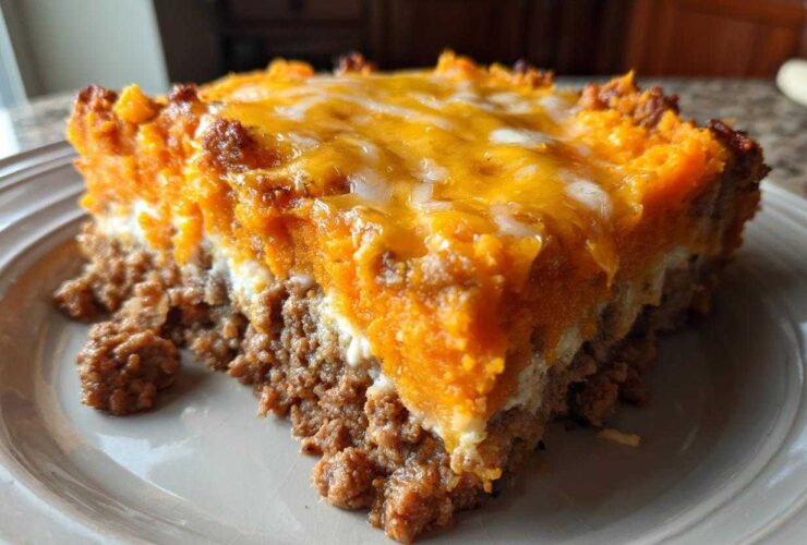 A close-up slice of cheesy meatloaf casserole topped with bright orange sweet potato mash and melted cheddar cheese.