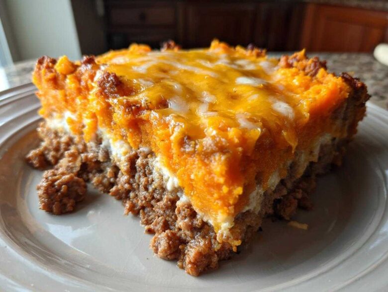 A close-up slice of cheesy meatloaf casserole topped with bright orange sweet potato mash and melted cheddar cheese.
