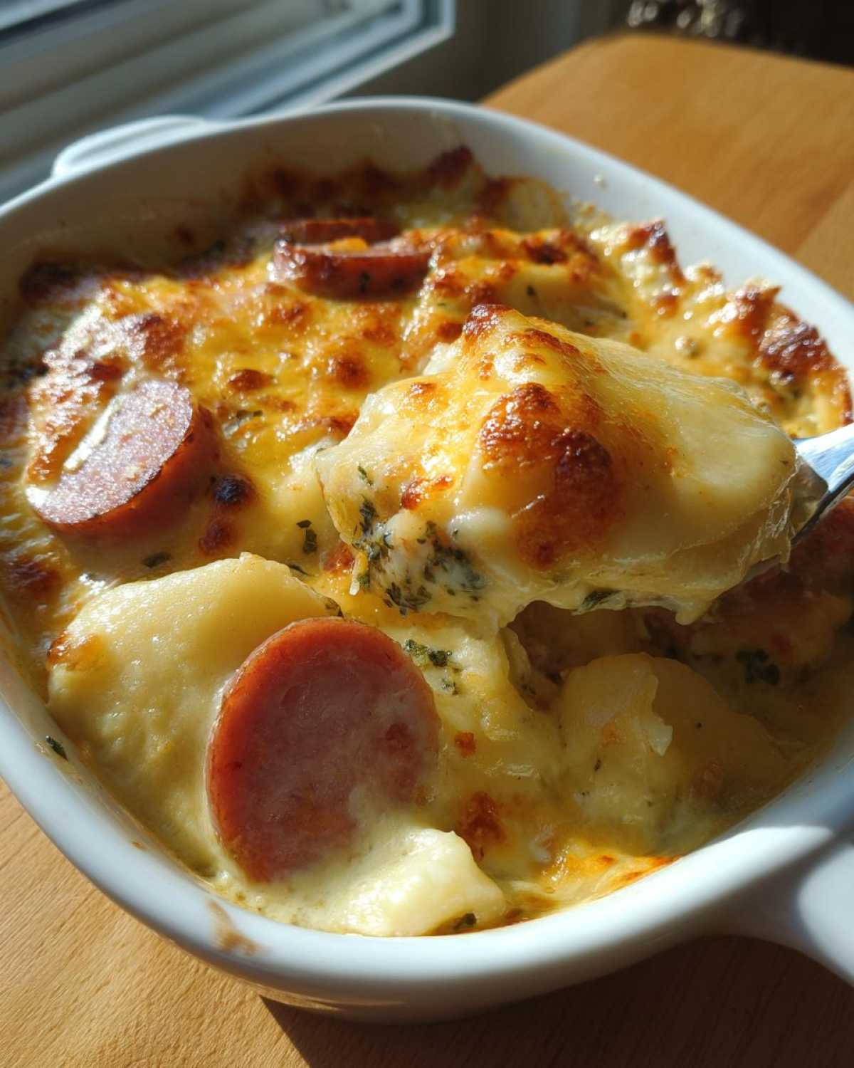 A spoonful being lifted from a bubbling, cheesy pierogi casserole topped with slices of smoked sausage.