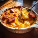 A close-up of a bubbling, cheesy pierogi casserole topped with slices of browned smoked sausage.