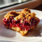 A close-up, sunlit serving of cherry dump cake showing a gooey cherry filling and crumbly topping.