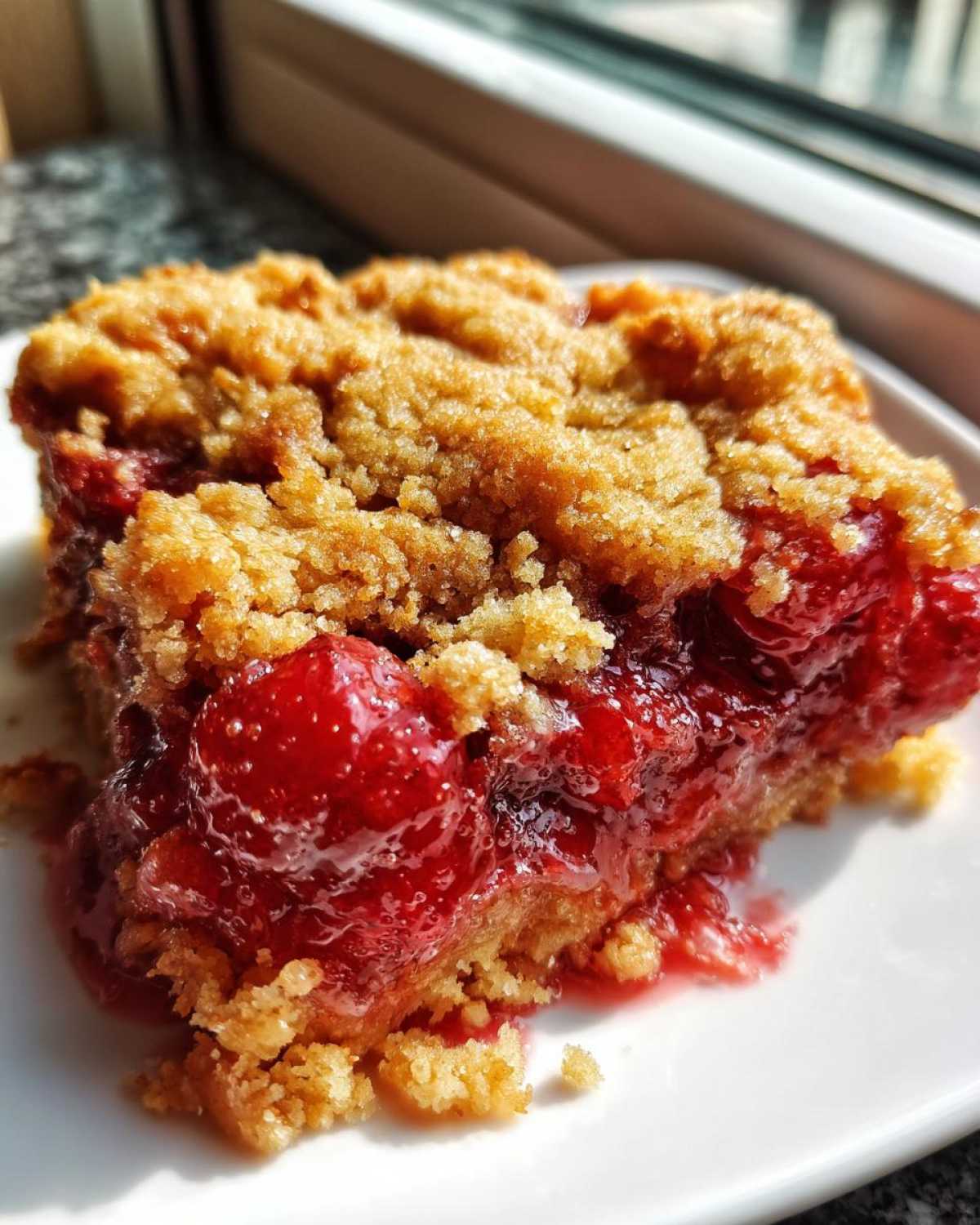 A close-up shot of a square serving of cherry dump cake showing a gooey cherry filling and a crumbly topping.