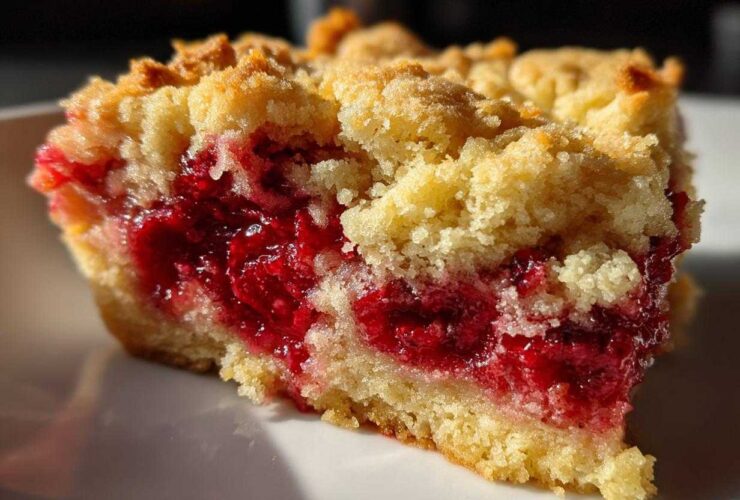 A close-up shot of a square slice of cherry dump cake showing the bright red cherry filling and crumbly topping.