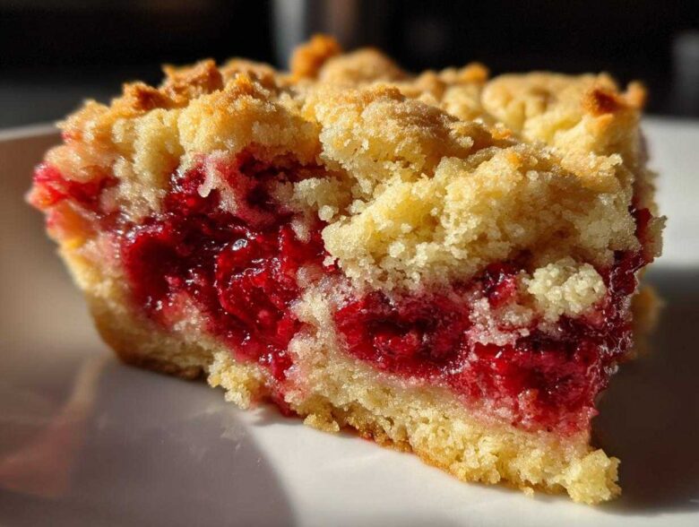 A close-up shot of a square slice of cherry dump cake showing the bright red cherry filling and crumbly topping.