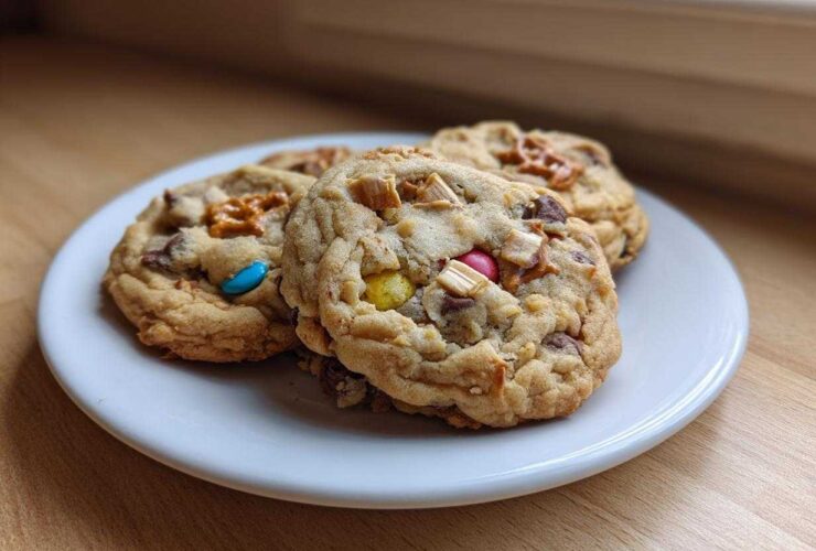 Three chewy kitchen sink cookies loaded with candy, chocolate, and pretzels on a small white plate.