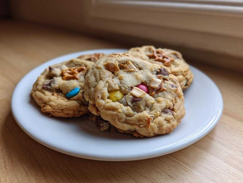 Three chewy kitchen sink cookies loaded with candy, chocolate, and pretzels on a small white plate.