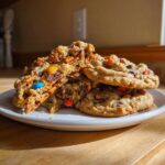 A stack of chewy kitchen sink cookies piled on a white plate, one cookie is broken open showing pretzels and M&Ms.