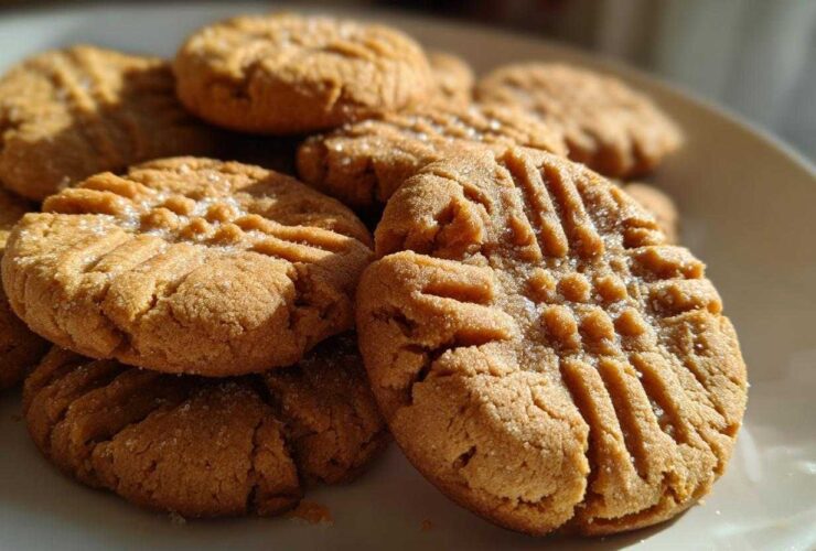 A stack of freshly baked, chewy peanut butter cookies featuring classic crosshatch fork marks and sprinkled with sugar.