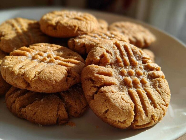 A stack of freshly baked, chewy peanut butter cookies featuring classic crosshatch fork marks and sprinkled with sugar.