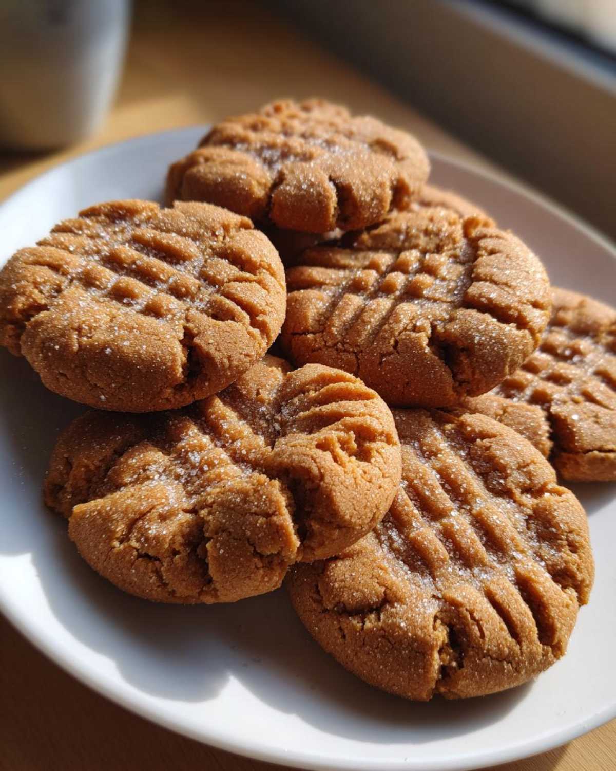 A close-up of several chewy peanut butter cookies with classic fork crisscross marks, sprinkled with sugar.