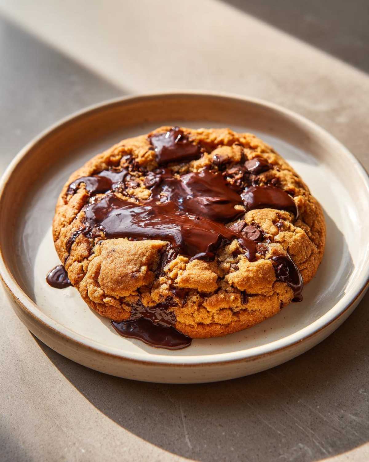 A single, thick, chewy sourdough chocolate chip cookie topped with glossy, melted dark chocolate.