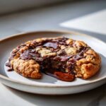 A close-up of a chewy sourdough chocolate chip cookie, broken open to show molten chocolate oozing out.
