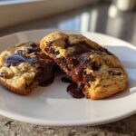 Two halves of a chewy sourdough chocolate chip cookie broken open, revealing melted, gooey chocolate.
