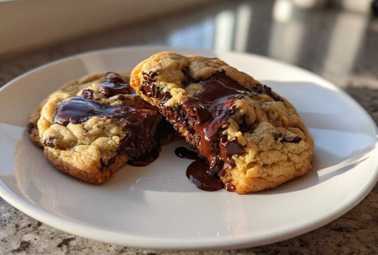 Two halves of a chewy sourdough chocolate chip cookie broken open, revealing melted, gooey chocolate.