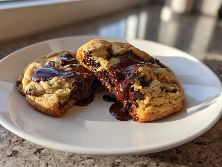 Two halves of a chewy sourdough chocolate chip cookie broken open, revealing melted, gooey chocolate.