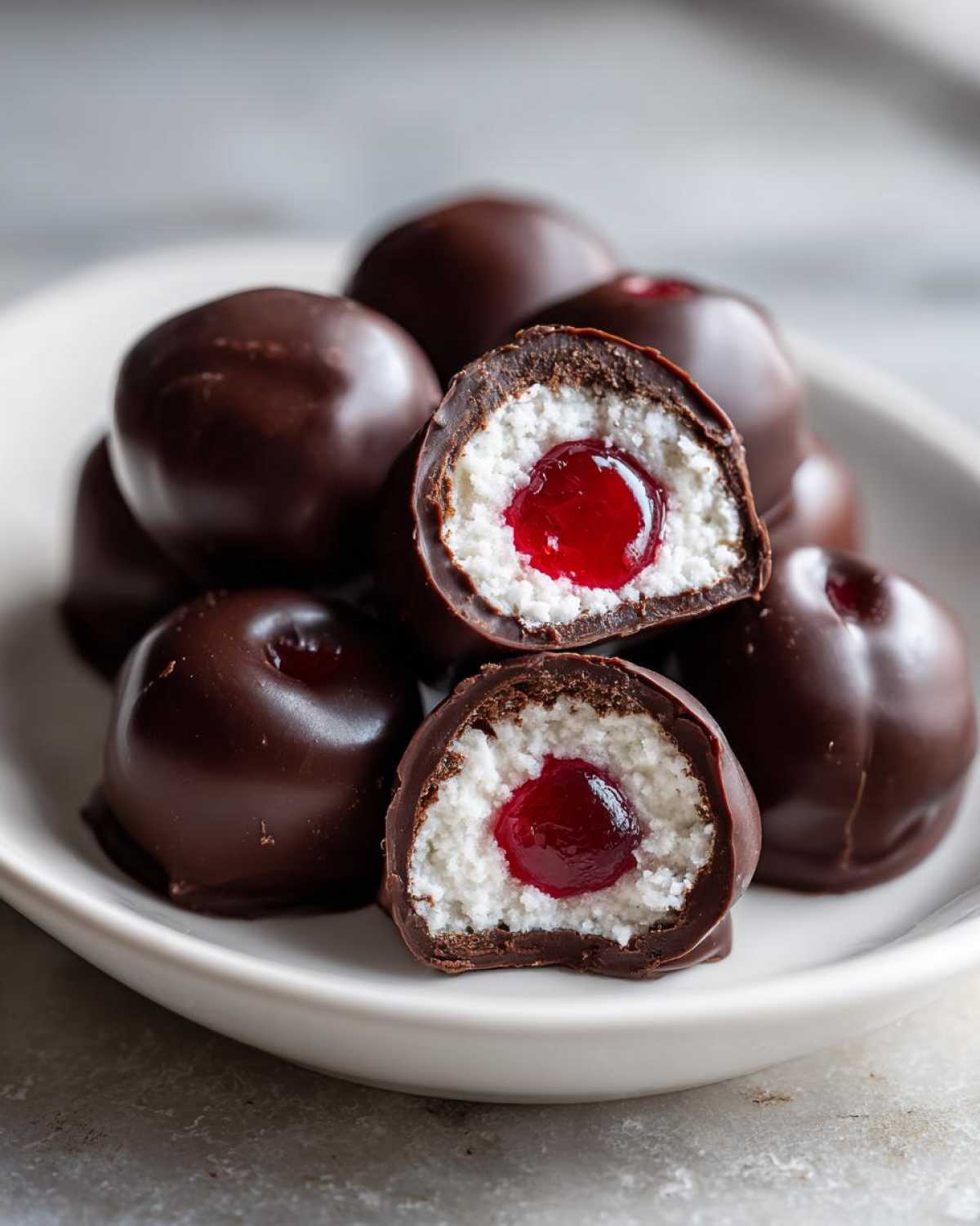 Close-up of homemade chocolate covered cherries, one cut in half showing white cream filling and a bright red cherry center.