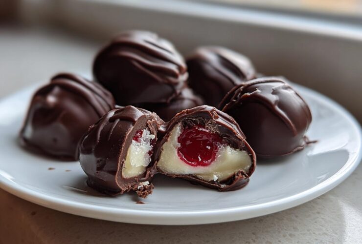 Close-up of homemade chocolate covered cherries, one cut open showing the creamy filling and cherry center.
