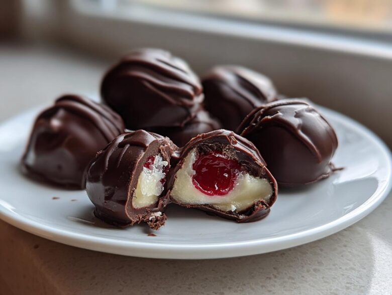 Close-up of homemade chocolate covered cherries, one cut open showing the creamy filling and cherry center.