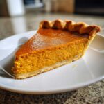 A single, perfect slice of classic pumpkin pie resting on a white plate.