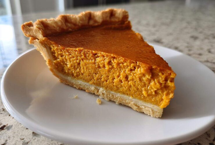 A close-up of one perfect slice of classic pumpkin pie recipe on a white plate.