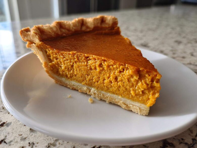A close-up of one perfect slice of classic pumpkin pie recipe on a white plate.