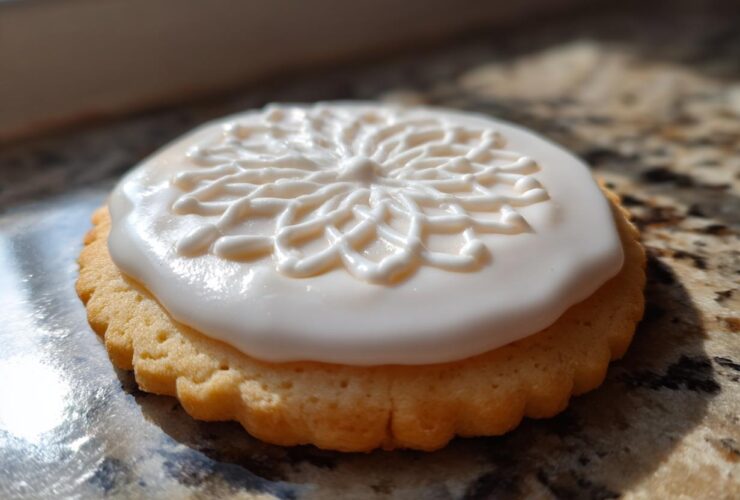 Close-up of a round, scalloped sugar cookie topped with smooth white cookie icing featuring a piped snowflake design.