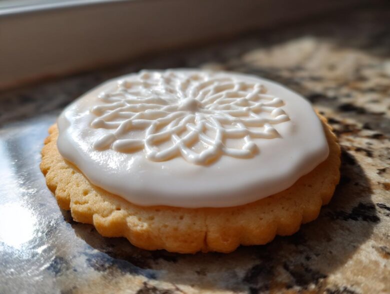 Close-up of a round, scalloped sugar cookie topped with smooth white cookie icing featuring a piped snowflake design.