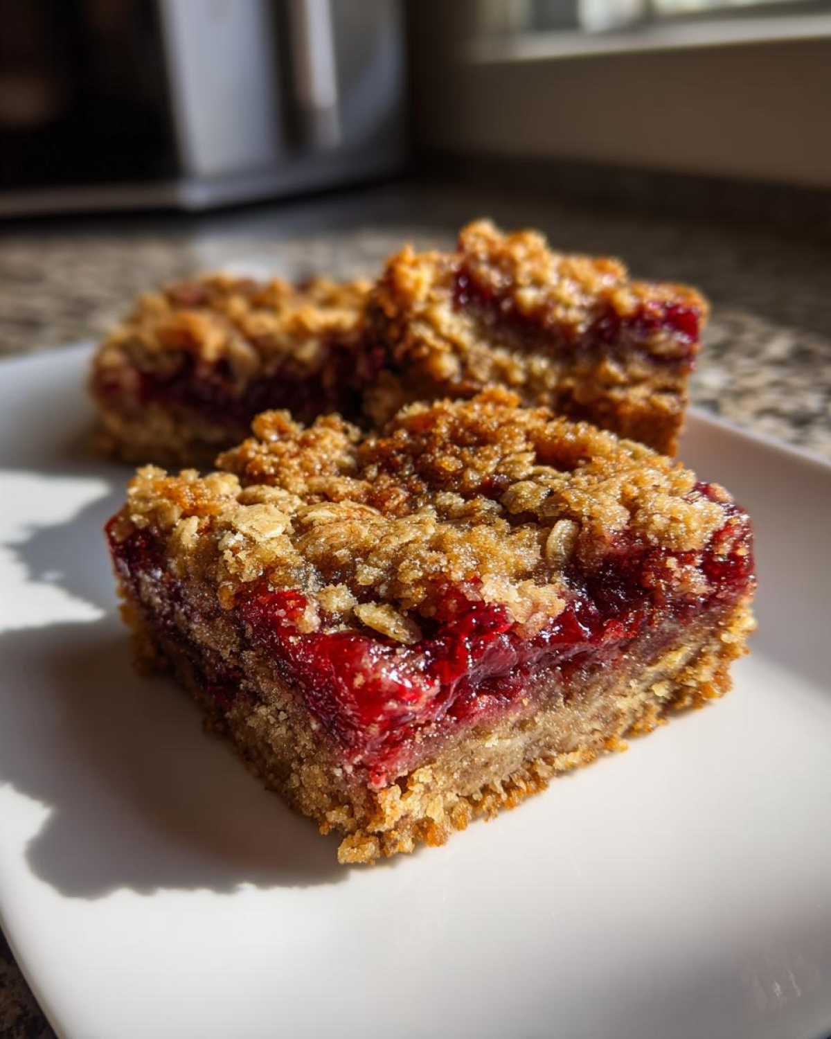 Three squares of rich cranberry crumble bars with an oat topping served on a white plate.