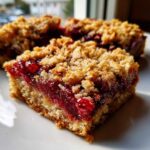 A close-up, appetizing shot of a square cranberry crumble bars slice showing the thick, jammy filling and crumbly topping.