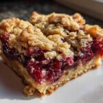 Close-up of a single, thick square of cranberry crumble bars showing the buttery crust and bright red fruit filling.