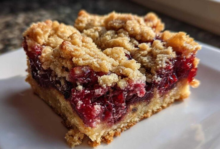 Close-up of a single, thick square of cranberry crumble bars showing the buttery crust and bright red fruit filling.