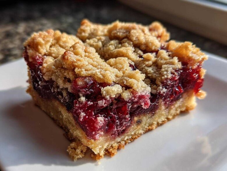Close-up of a single, thick square of cranberry crumble bars showing the buttery crust and bright red fruit filling.
