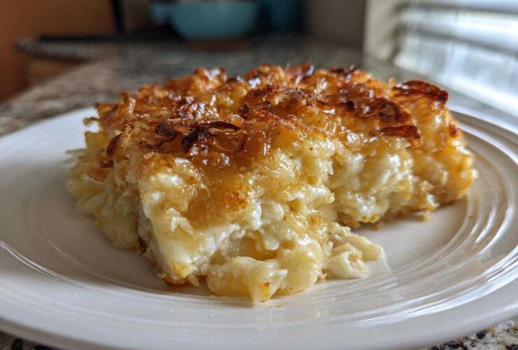 A close-up of a creamy slice of baked mac and cheese recipe with a golden, crispy topping.