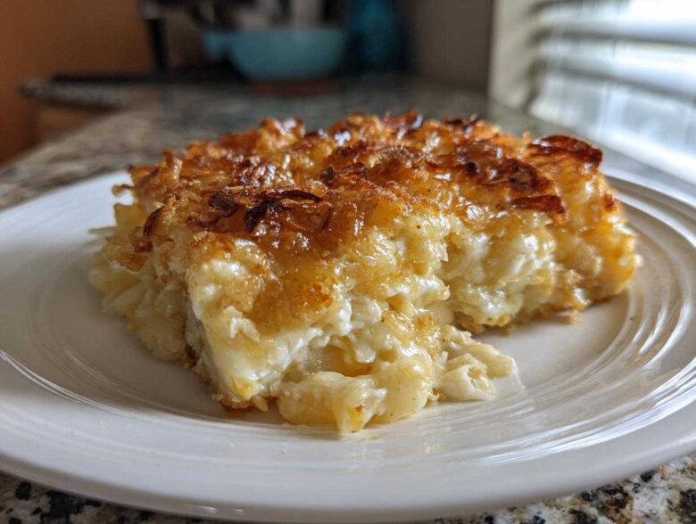 A close-up of a creamy slice of baked mac and cheese recipe with a golden, crispy topping.