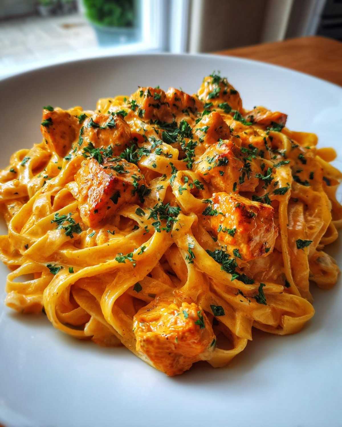 Close-up of fettuccine noodles coated in orange sauce with chunks of seasoned chicken, garnished with fresh parsley, our creamy cajun chicken pasta.