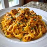 Close-up of creamy cajun chicken pasta featuring fettuccine noodles coated in an orange sauce, topped with chicken chunks and parsley.