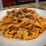 A close-up of a white plate piled high with creamy Cajun chicken pasta, featuring fettuccine noodles and seasoned chicken pieces.