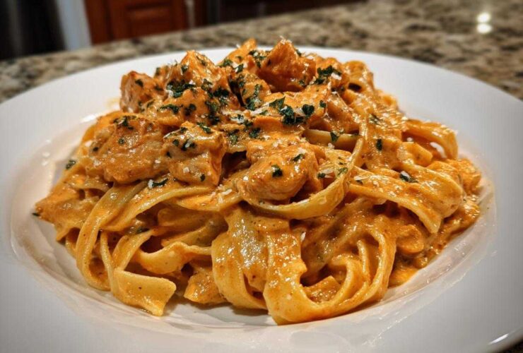 A close-up of a white plate piled high with creamy Cajun chicken pasta, featuring fettuccine noodles and seasoned chicken pieces.
