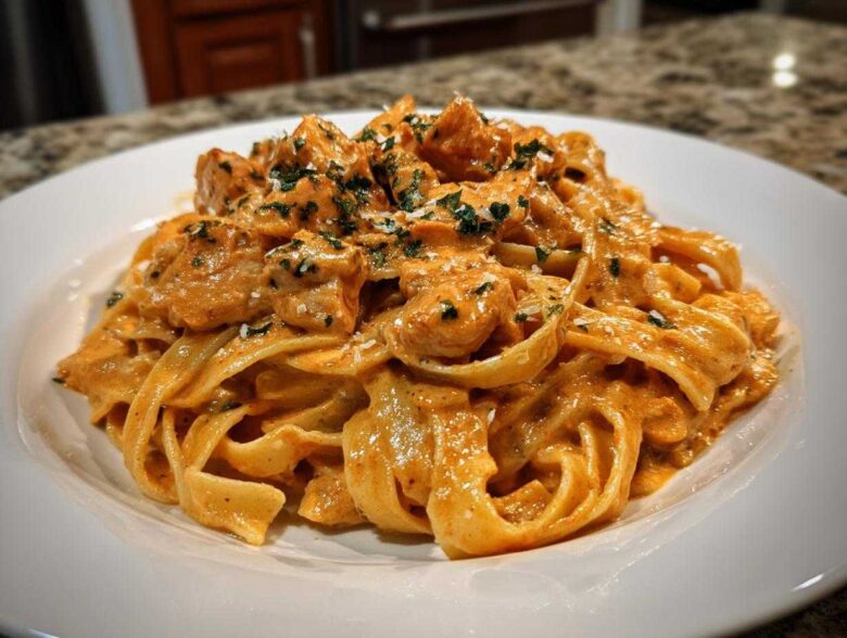 A close-up of a white plate piled high with creamy Cajun chicken pasta, featuring fettuccine noodles and seasoned chicken pieces.