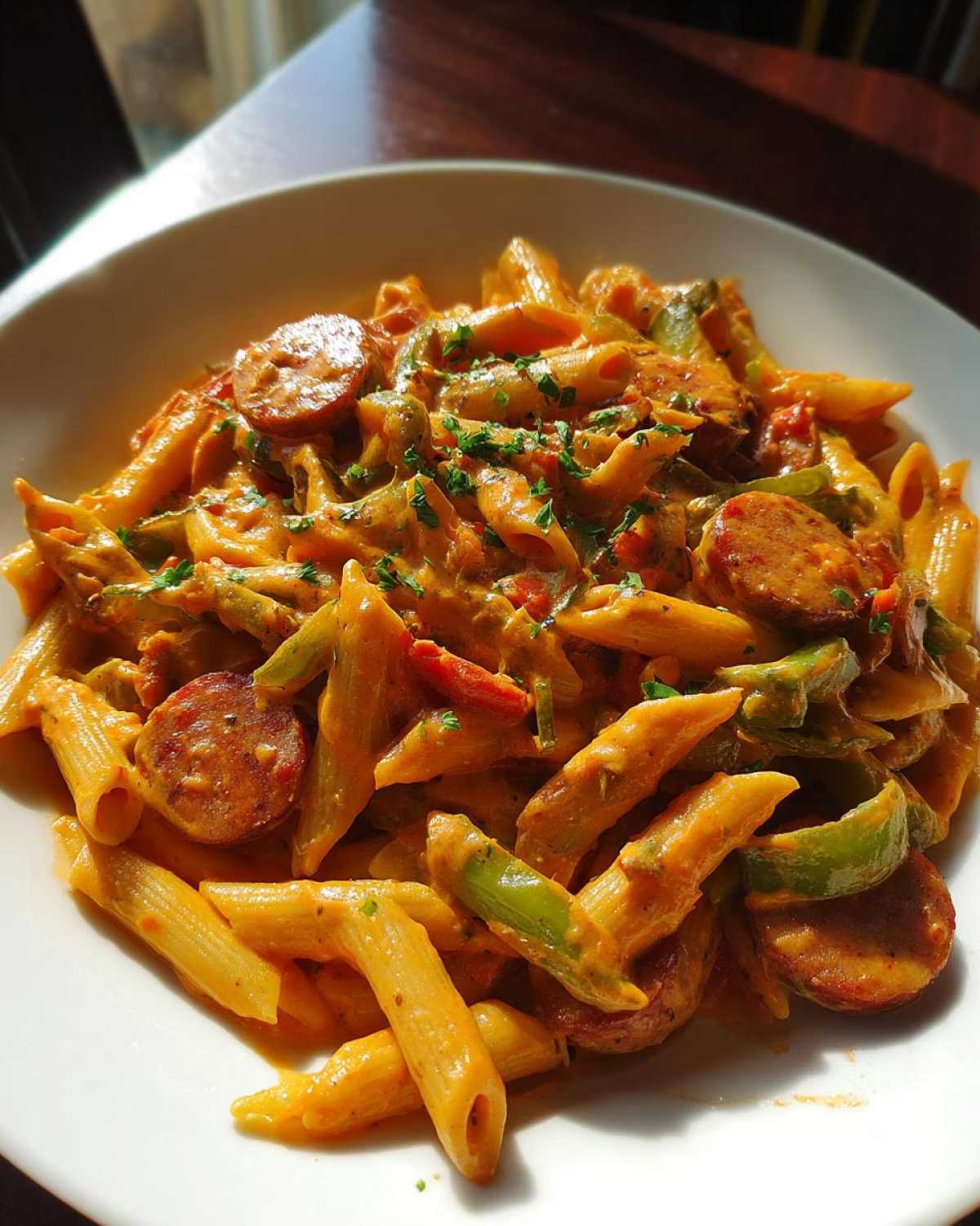 A close-up of creamy Cajun sausage pasta featuring penne, sliced sausage, and green peppers, garnished with parsley.