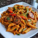 A close-up of creamy Cajun sausage pasta featuring penne, sliced sausage, green and red peppers, garnished with parsley.