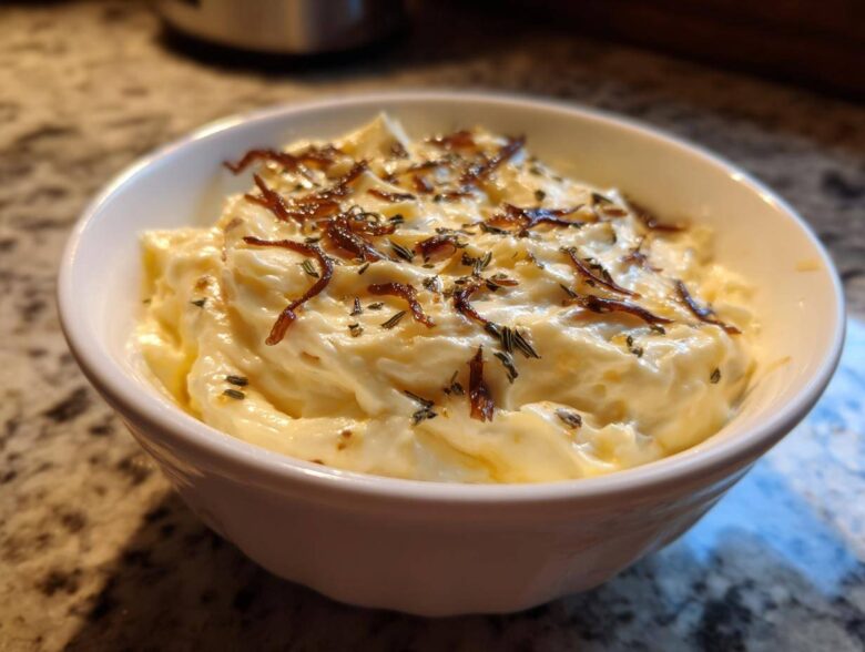 Close-up of creamy caramelized onion dip topped with crispy onions and herbs in a white bowl.
