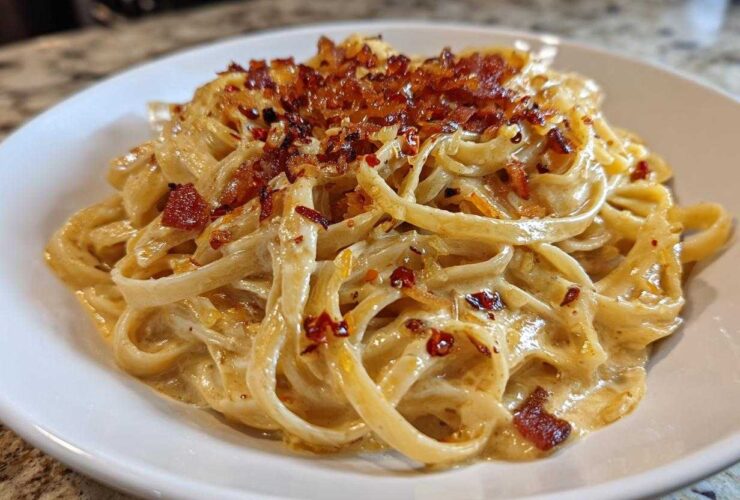 A close-up of creamy fettuccine noodles tossed in sauce, topped with crispy bacon bits and caramelized onion pasta.