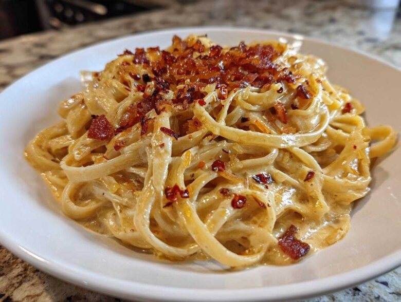A close-up of creamy fettuccine noodles tossed in sauce, topped with crispy bacon bits and caramelized onion pasta.