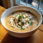 A close-up of a creamy bowl of chicken chili recipe, garnished with sour cream swirl and fresh parsley.