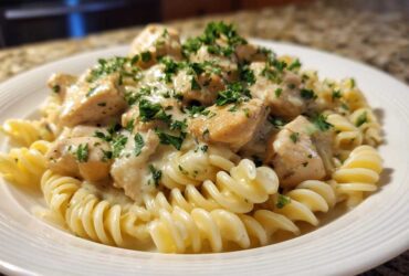 Close-up of creamy chicken pasta featuring chunks of chicken breast and fusilli pasta, topped with fresh parsley.