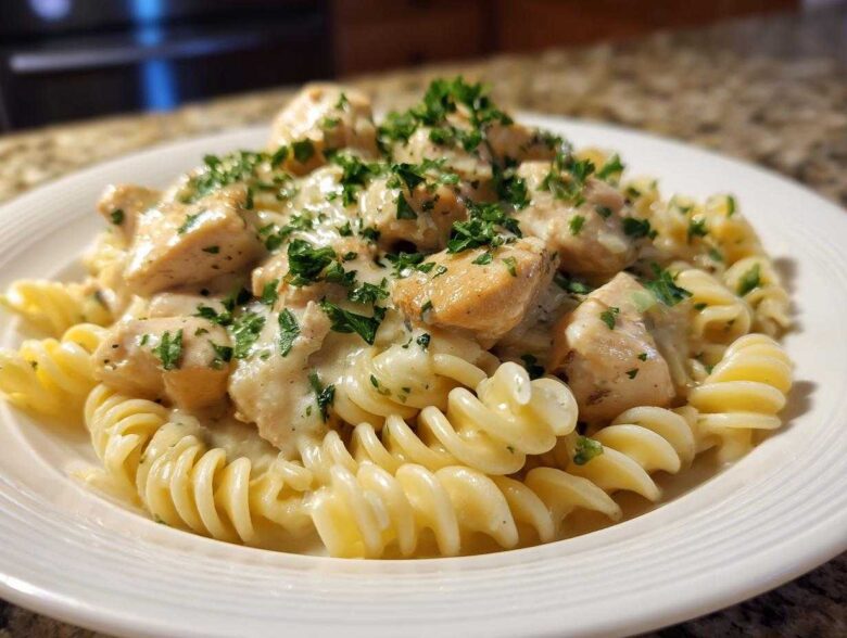 Close-up of creamy chicken pasta featuring chunks of chicken breast and fusilli pasta, topped with fresh parsley.