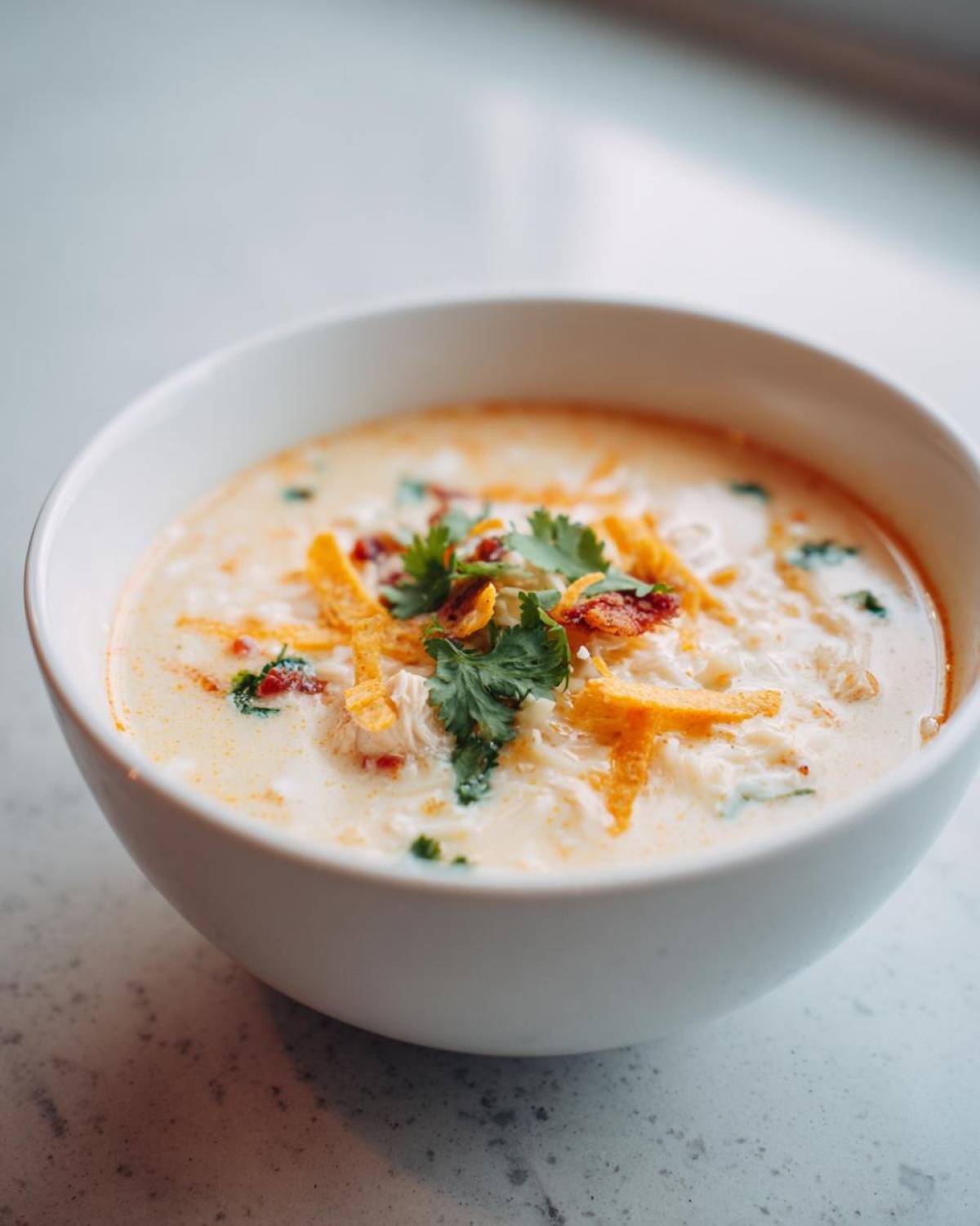 A close-up of a white bowl filled with creamy chicken tortilla soup, garnished with shredded cheese, cilantro, and tortilla strips.