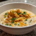 A close-up of a white bowl filled with creamy chicken tortilla soup, garnished with tortilla strips, cheese, and cilantro.