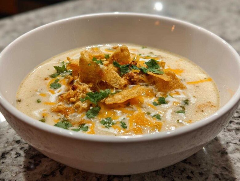 A close-up of a white bowl filled with creamy chicken tortilla soup, garnished with tortilla strips, cheese, and cilantro.